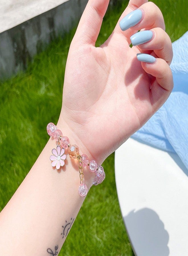 POYAMUSE Colorful Flower Charm Bracelet - Boho Daisy Accessory with Crystal Beads Bracelet for Women-pink - Image 2